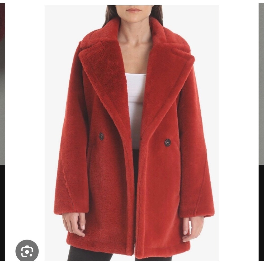 Avec Les Filles Red Faux Fur Double Breasted Coat Size L
